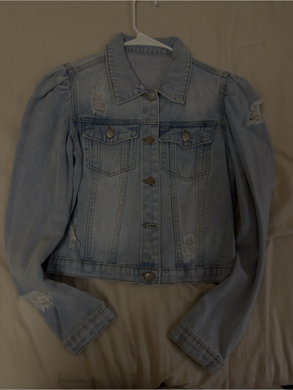 Light Wash Denim Jacket - Women's Casual Distressed Jean Jacket